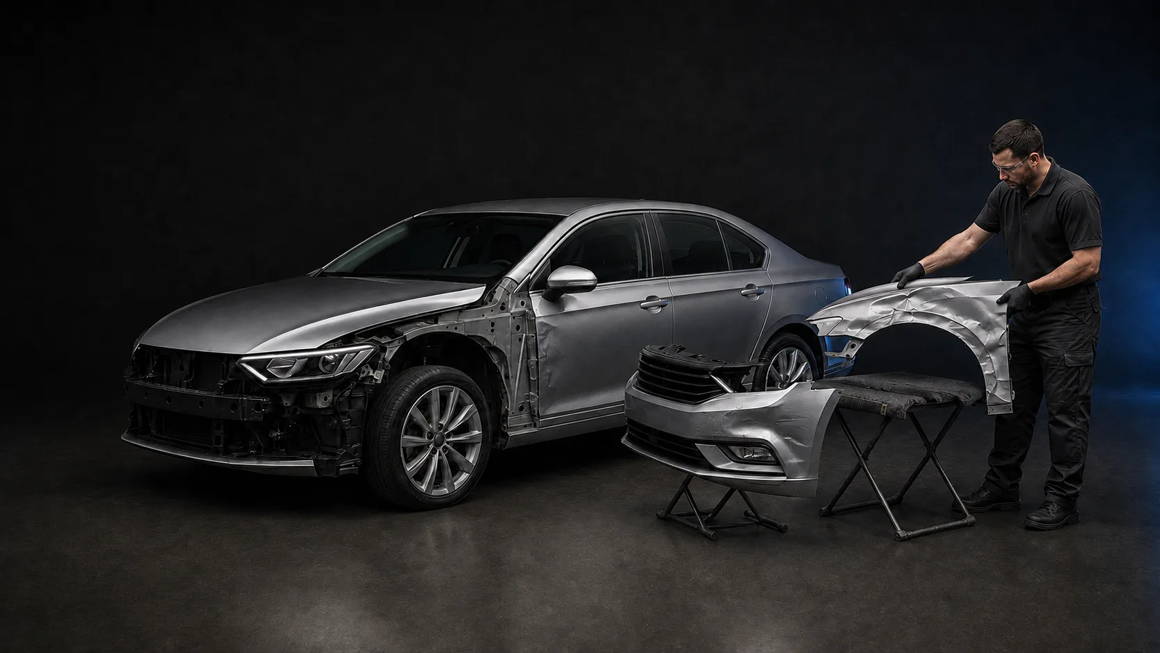 Illustrative sedan with collision-damaged parts removed