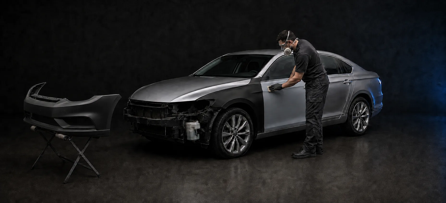 Illustrative sedan during panel repair and preparation