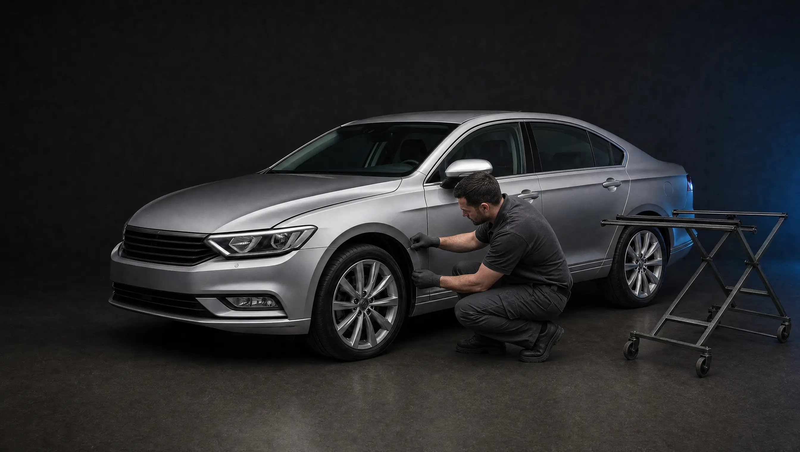 Illustrative technician reassembling a repaired vehicle